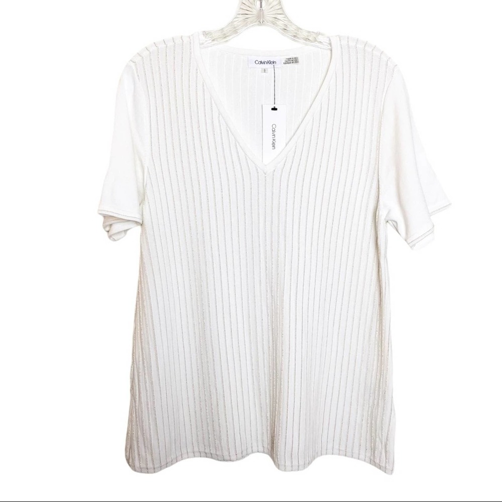 Calvin Klein Textured Knit Short Sleeve V-Neck Top